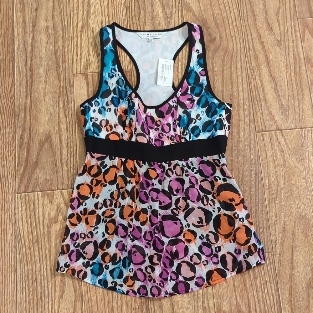 Rainbow leopard racerback tank cotton-silk blend, Trina Turk 4 NWT